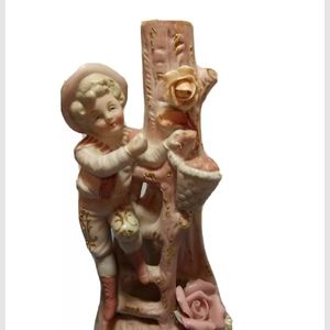 Old VTG Royal Lady On Ladder Picks Apples Bisque Porcelain Gold Trim